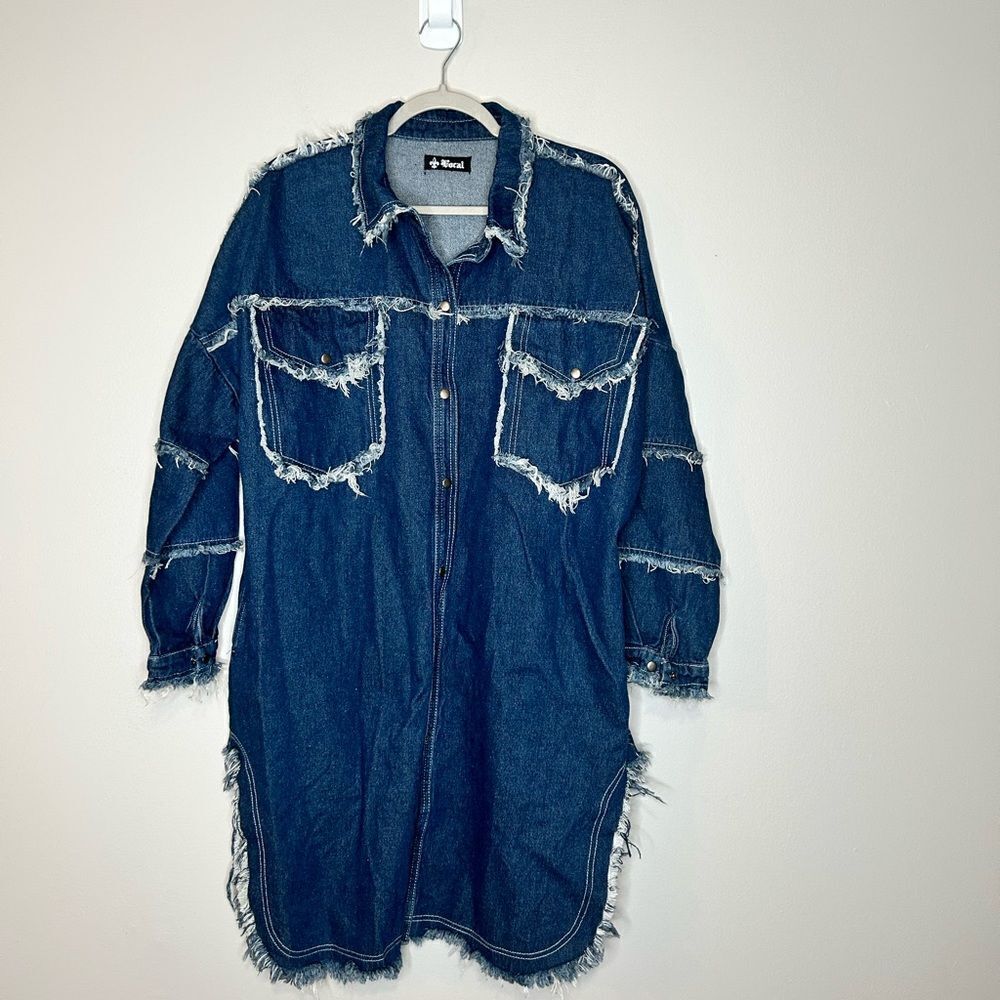 Vocal Denim Party Distressed Long Shacket - Picture 4 of 8